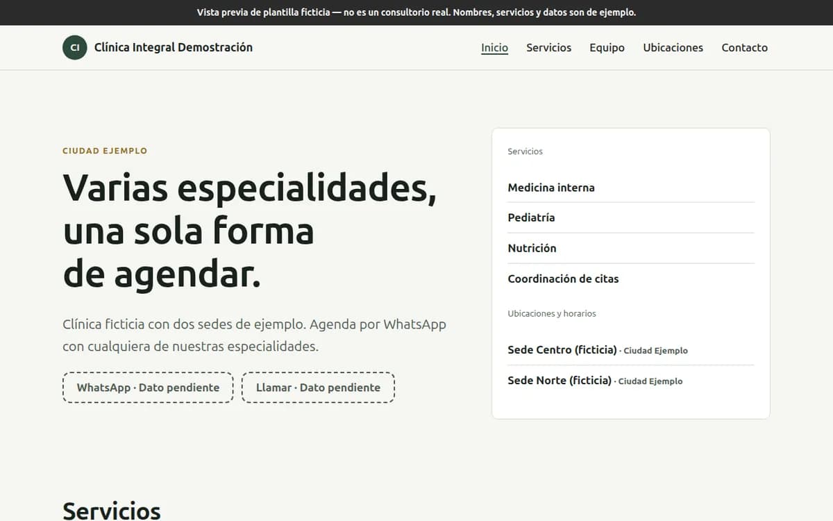 Captura de la plantilla ficticia: Clínica multidisciplinaria